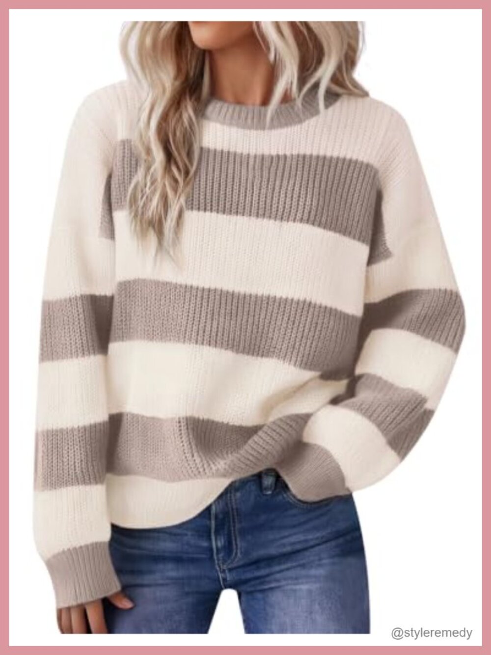 Loose Fit Color Block Striped Pullover Sweater Crew Neck Long Sleeve
